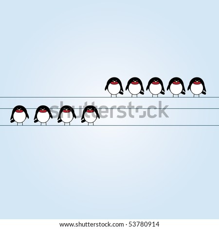 simple card illustration of cartoon swallows on electrical lines