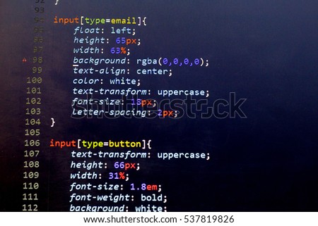 CSS stylesheet code. Computer programming source code abstract screen of web developer. Digital technology modern background. Shallow depth of field. Code is created by myself.