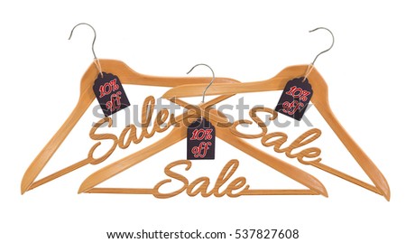 10% Discount Tag Sign hanging on Three Wood Hangers isolated on white background