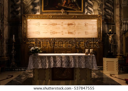 Detail of a copy of the Holy Shroud of Turin, Italy Royalty-Free Stock Photo #537847555