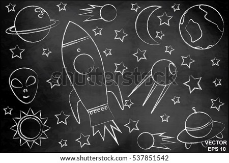 Children set space. Of blue color. On the chalkboard. Planets. Rocket.