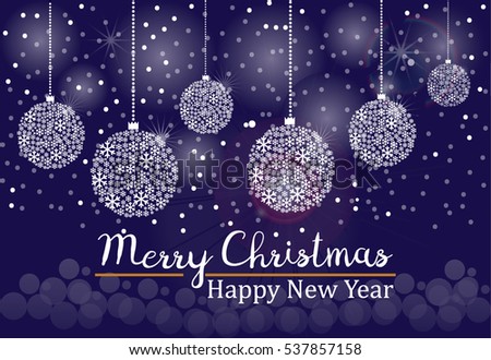 Christmas and New Year blue background with balls made of white snowflakes and lights. Vector illustration. Can be used for card. Merry Christmas and Happy New Year massage