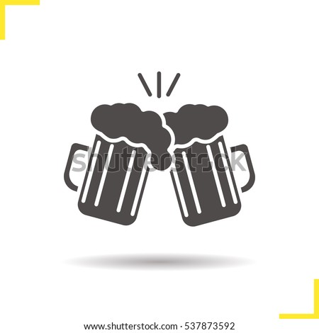 Toasting beer glasses icon. Drop shadow cheers silhouette symbol. Two foamy beer glasses. Negative space. Vector isolated illustration