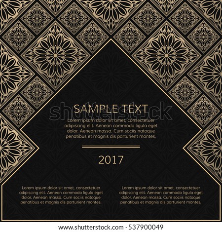 Vector golden frame. Square vintage card for design. Premium background in luxury style with space for text. Floral tiles Royalty-Free Stock Photo #537900049