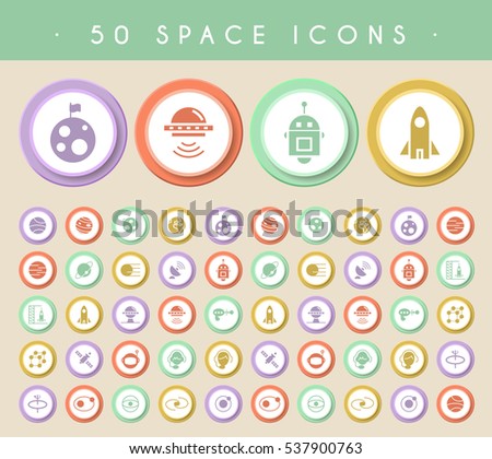 Set of 50 Space Icons on Circular Colored Buttons. Vector Isolated Elements.