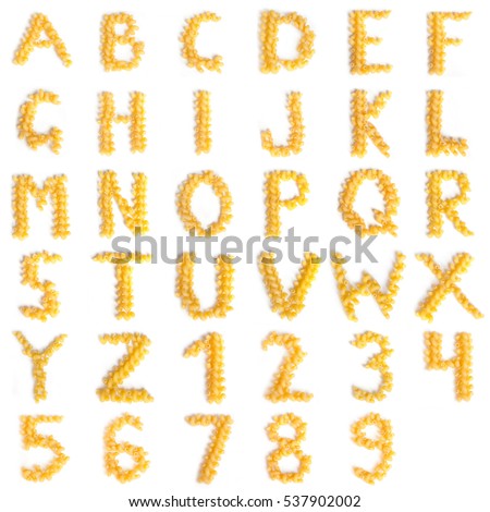 Alphabet made of macaroni letters isolated on white background Royalty-Free Stock Photo #537902002