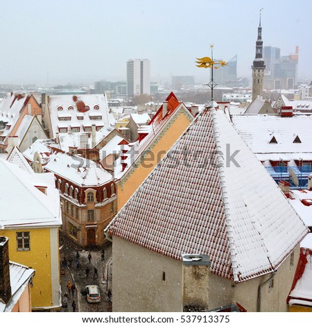 Old city. Amazing urban landscape in winter. Awesome photo of an ancient European town. Wonderful image of North Europe. Beautiful view of panoramic skyline of Old Town in Tallinn, Estonia