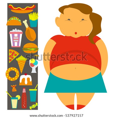 Obesity infographic template - junk fast food, childhood overweight elements, fat kids. Diet and lifestyle data visualization concept poster. Vector illustration eps10
