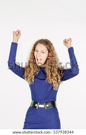 portrait of young business woman with arms up. isolated on white background. business and lifestyle concept