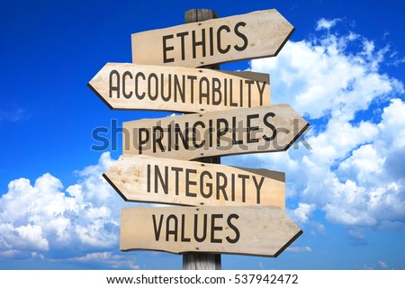 Wooden signpost - code of ethics concept (ethics, accountability, principles, integrity, values). Royalty-Free Stock Photo #537942472