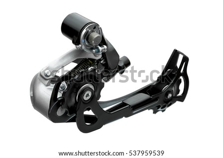 Rear gearshift isolated on white. Bicycle cycling road race sport transmission change speed.