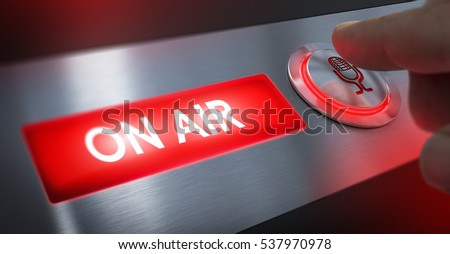 Finger pressing a microphone button to activate an on air sign. Composite between an image and a 3D background