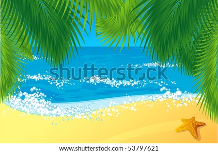 Tropical Beach with coconut palm trees. Vector.