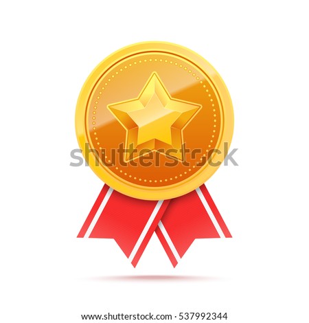 3D Gold medal with star and red ribbon. Winner award icon. Best choice badge. Vector illustration Royalty-Free Stock Photo #537992344
