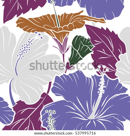 Hibiscus flower seamless pattern in purple, green and violet colors on a white background.
