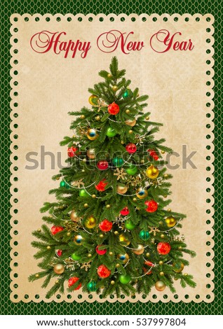 Christmas greeting card with Christmas tree and ornaments on a beautiful background