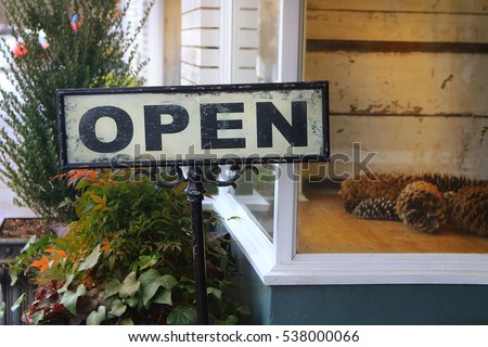 Open Sign - An invitation and warm welcome - A vintage wrought iron display. Use with any industry: restaurant, cafe, coffee shop, snack bar, retail, church, bookstore, etc. 