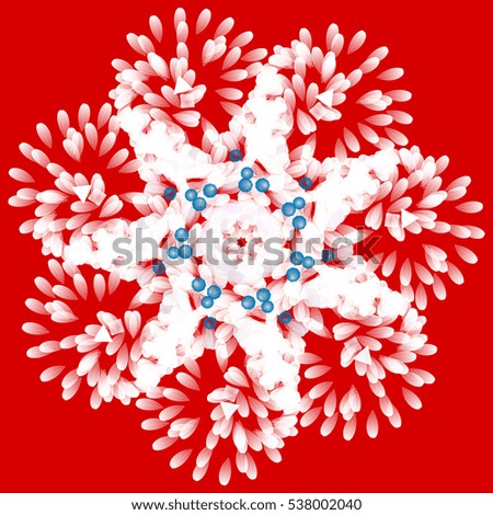 Abstract winter mandala or complicated snowflake. Geometrical illustration isolated on red background.