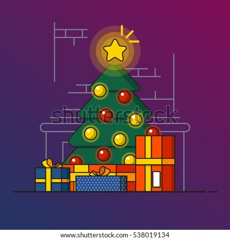 Christmas tree home decoration. Flat design vector illustration.