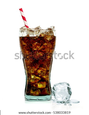 Cola in original glass with straw and ice cubes isolated on white background Royalty-Free Stock Photo #538033819