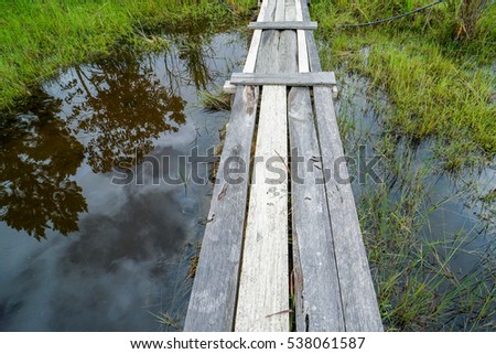 Wooden footbridge with reflection at the Mt Kinabalu Holiday Camp at Ranau,Sabah,Borneo,as a concept for challenge in nature of Borneo jungle in Kudasang,Sabah,Borneo.