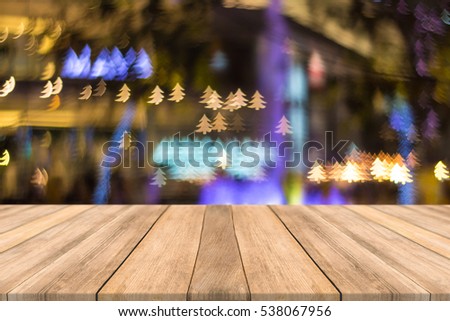 Empty wooden table space platform and blurred Bokeh Christmas Happy New Year and Valentine's Day. background for product display montage