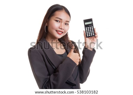 Asian business woman thumbs up with calculator  isolated on white background.