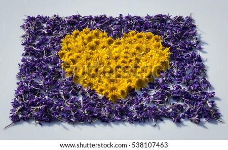 Decorative applique flowers in form of heart on a white background.