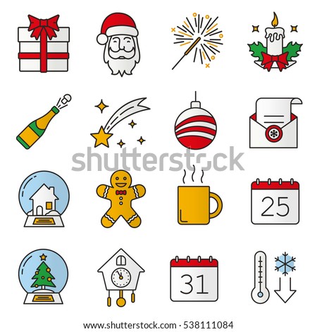 Christmas and New Year color icons set. Gift box, Santa Claus, sparkler, candle, champagne, falling star, Xmas tree ball, snow globes, ginger man, hot cup. Isolated vector illustrations