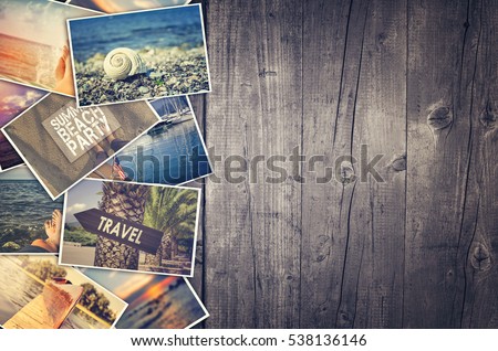 Travel photo collage on wooden background