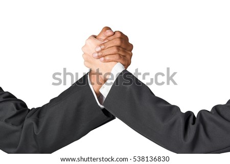 Business fighting concept:businessman and businesswoman wretsling on white background