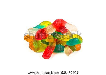 Multicolored gummy worms isolated on a white background