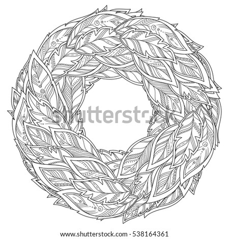 Zentangle feather mandala, page for adult colouring book, vector design element. Ornamental round doodle flower isolated on white background.