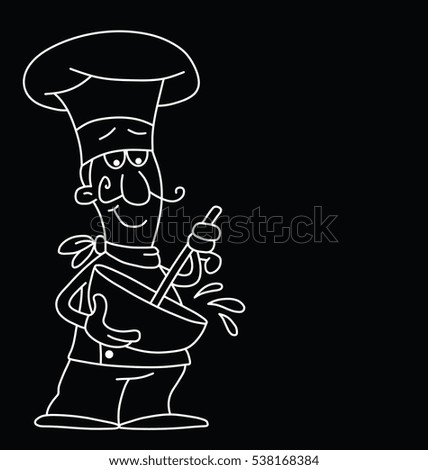 Monochrome outline cartoon chef isolated on black background with copy space for own text