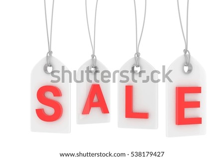 Colorful isolated sale labels on white background. Price tags. Special offer and promotion. Store discount. Shopping time. Red letters on white labels. 3D rendering.