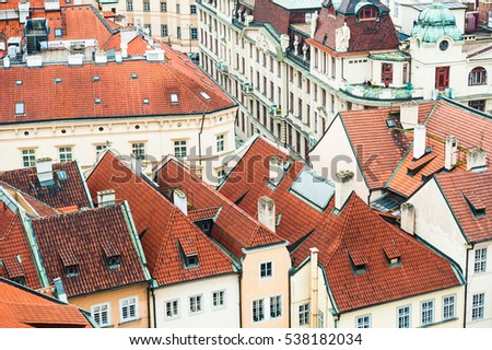 Houses with traditional red roofs in Prague, Czech Republic