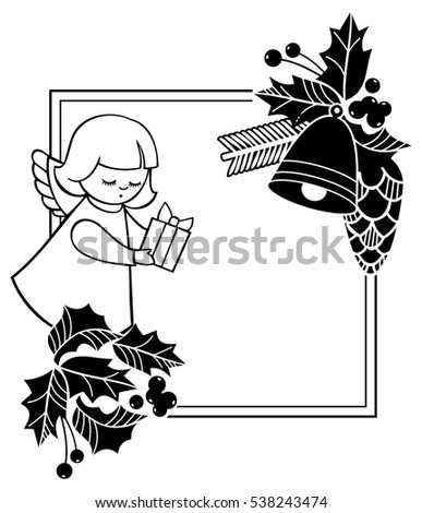Black and white Christmas frame with cute angels. Copy space. Christmas holiday background. Raster clip art.