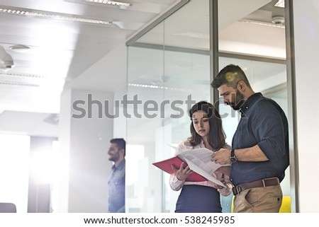 Businessman and businesswoman reviewing project in office
