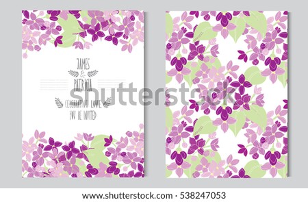 Elegant cards with decorative lilac flowers, design elements. Can be used for wedding, baby shower, mothers day, valentines day, birthday cards, invitations, greetings. Vintage decorative flowers