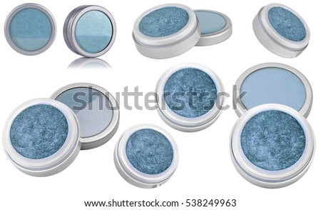 Blue color cosmetic eyeshadow powder with glitter particles, in round grey container, eight different instances and views of beauty product isolated on white background, clipping path included