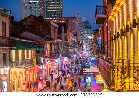Pubs and bars with neon lights in the French Quarter, New Orleans USA Royalty-Free Stock Photo #538250395