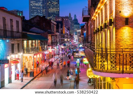 Pubs and bars with neon lights in the French Quarter, New Orleans USA