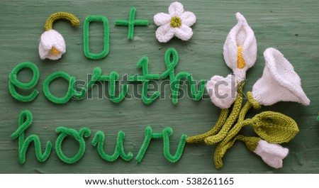 Earth hour message on green background for special day, a day to remind people give hand save the earth, green letter with white flower symbol for turn off light on 60 minute