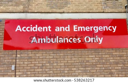 Accident and Emergency sign entrance outside a hospital in England, UK