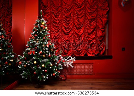 New Year, Christmas tree, red, curtains