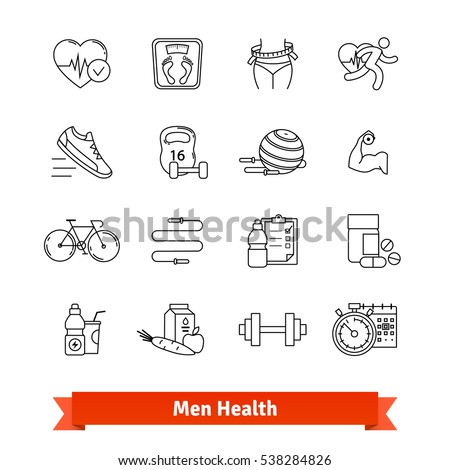 Fitness & men health. Thin line art icons set. Workout, healthy food, diet, slimming. Linear style symbols isolated on white.