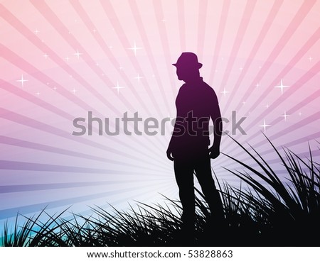 silhouetted a young cowboy against a bright and colorful sunset sky, vector illustration