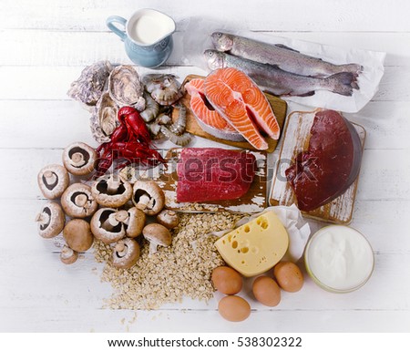 Foods of Vitamin B12 (Cobalamin). Healthy diet eating. Top view Royalty-Free Stock Photo #538302322