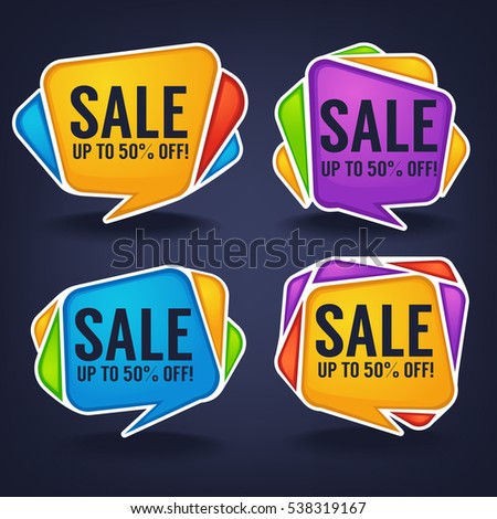 super sale, vector collection of bright discount bubble tags, banners and stickers on dark background
