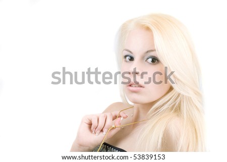 Young beauty blonde woman with bare shoulders, makeup. Isolated on the white